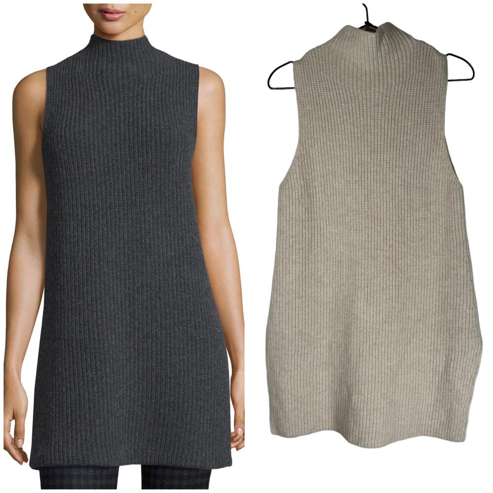 Theory Embree Charmant Mock Neck Tunic Sweater Beige Medium Wool Cashmere
